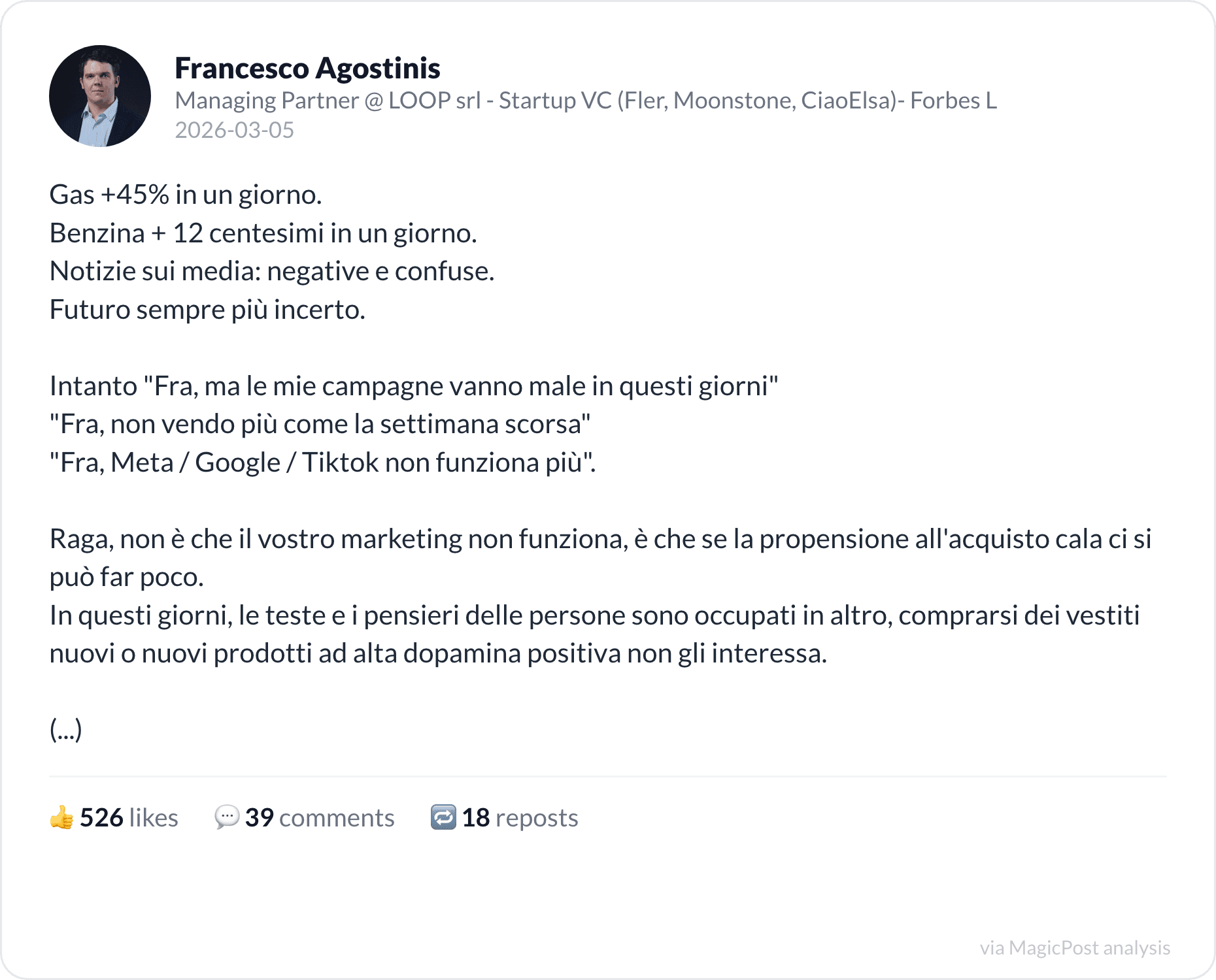 Francesco Agostinis on why marketing stops working when uncertainty rises