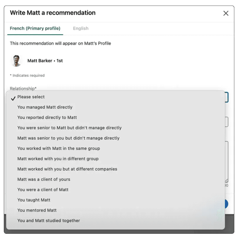How to select the relationship and position in LinkedIn recommendations