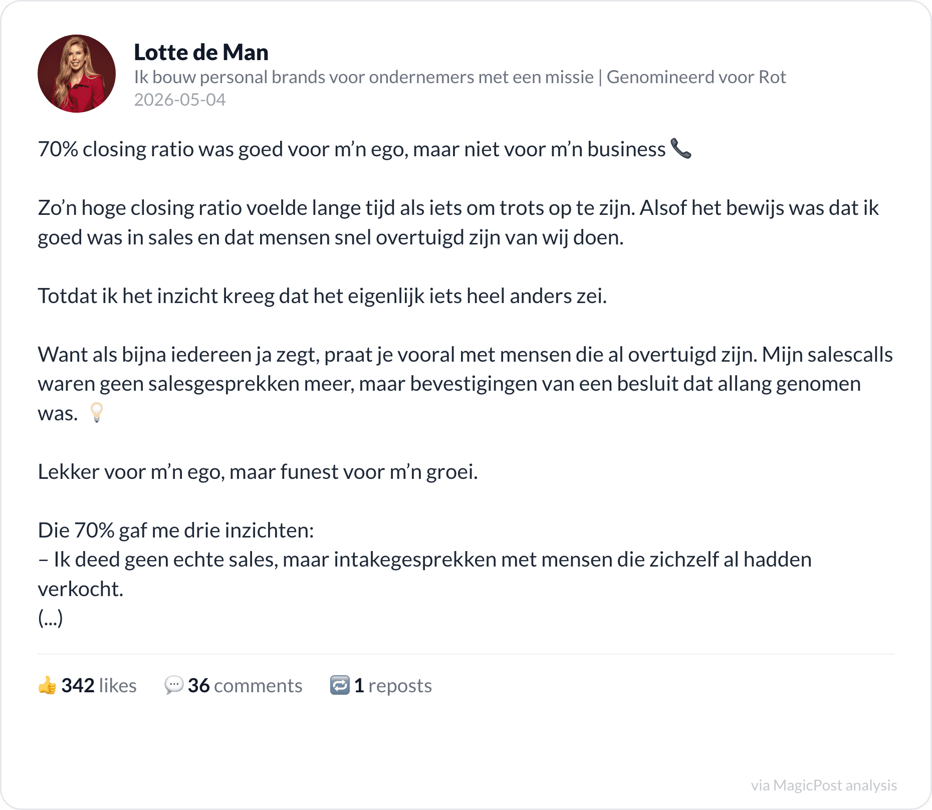 Lotte de Man's 2026 post on a 70% closing ratio