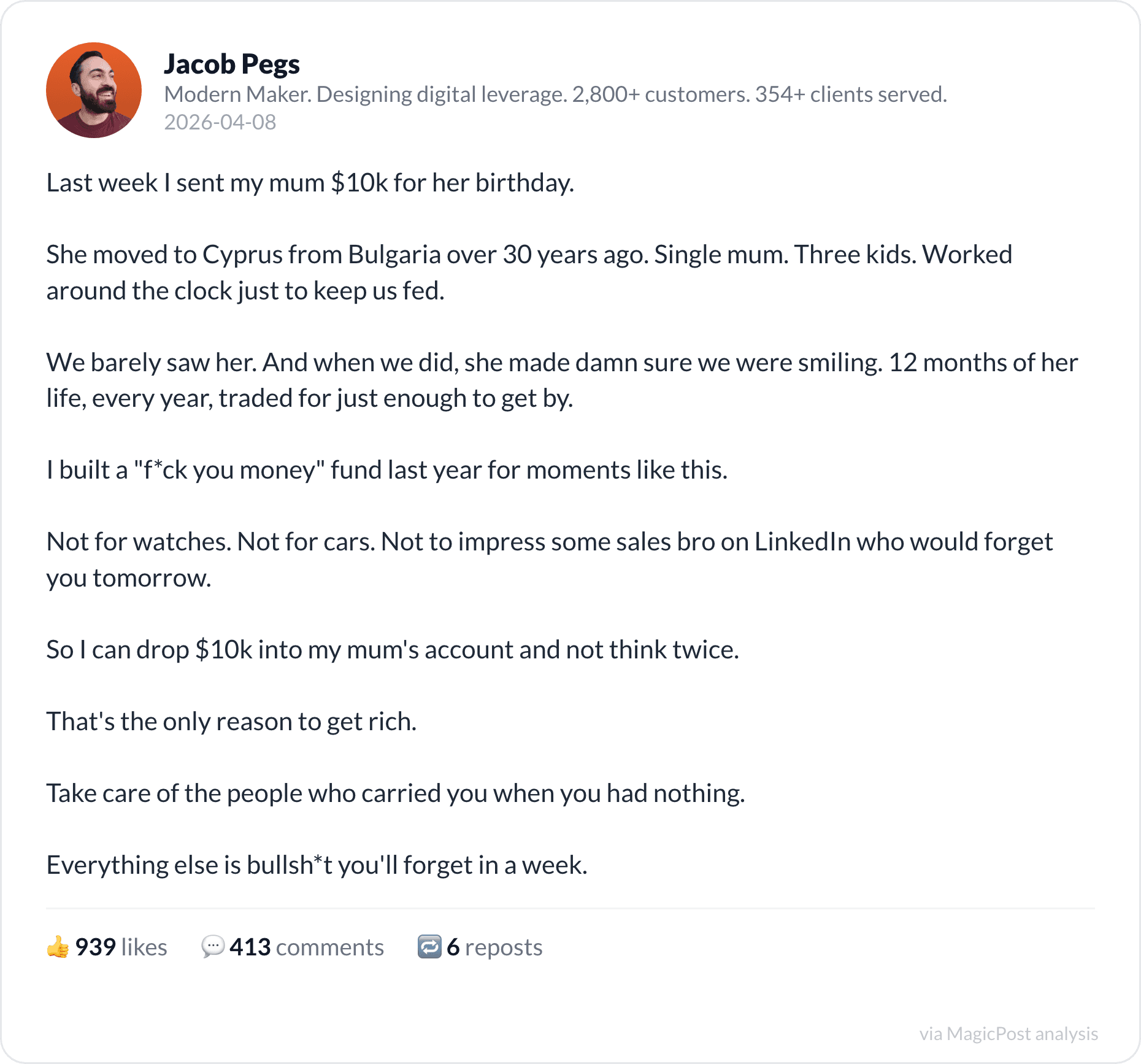 Jacob Pegs's top 2026 post: sending his mum $10k
