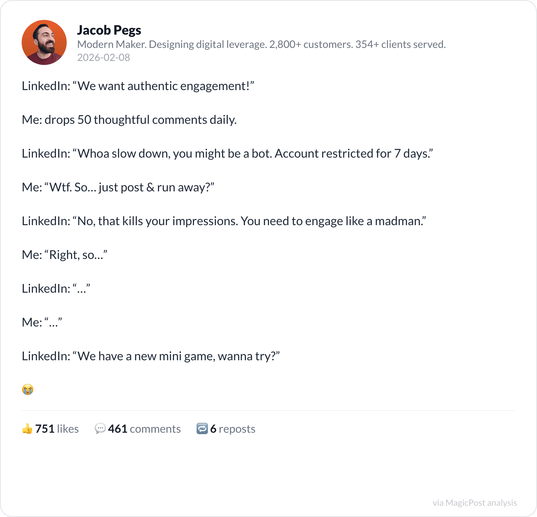 Jacob Pegs's satirical dialogue with LinkedIn