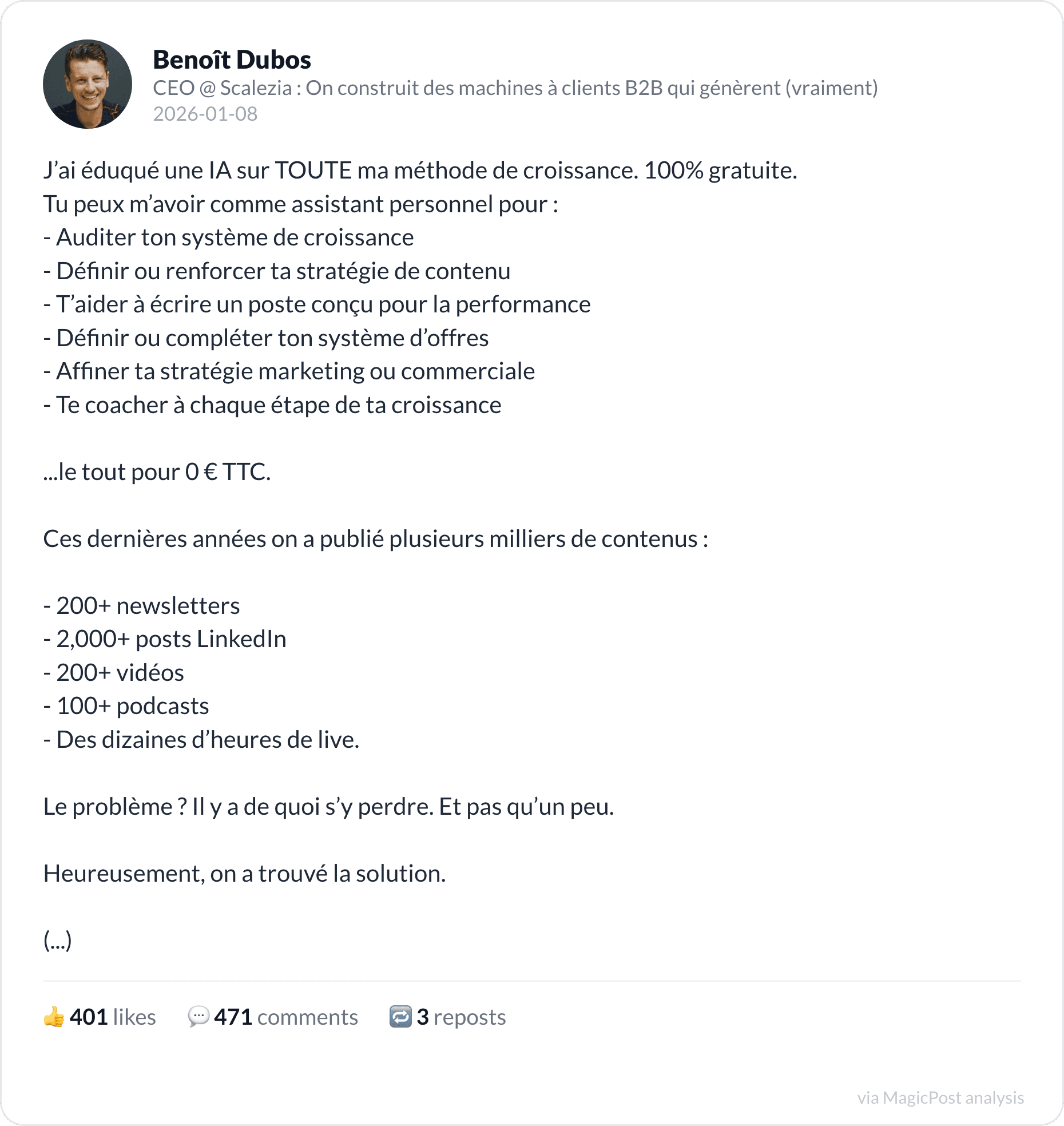 Benoît Dubos launching a free AI agent trained on his method