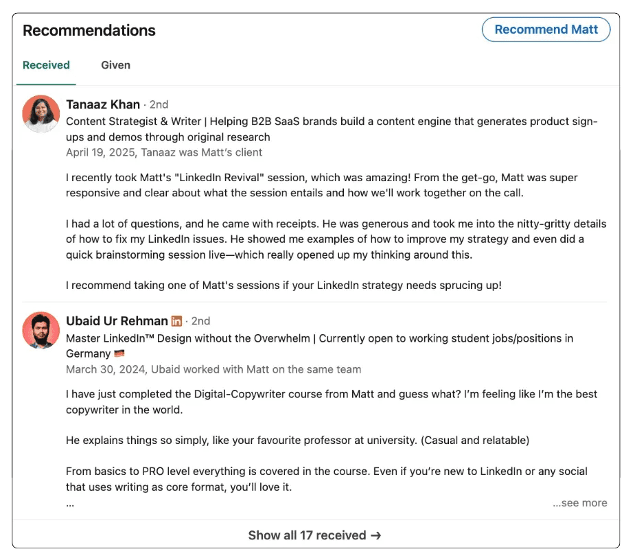Examples of recommendations on LinkedIn