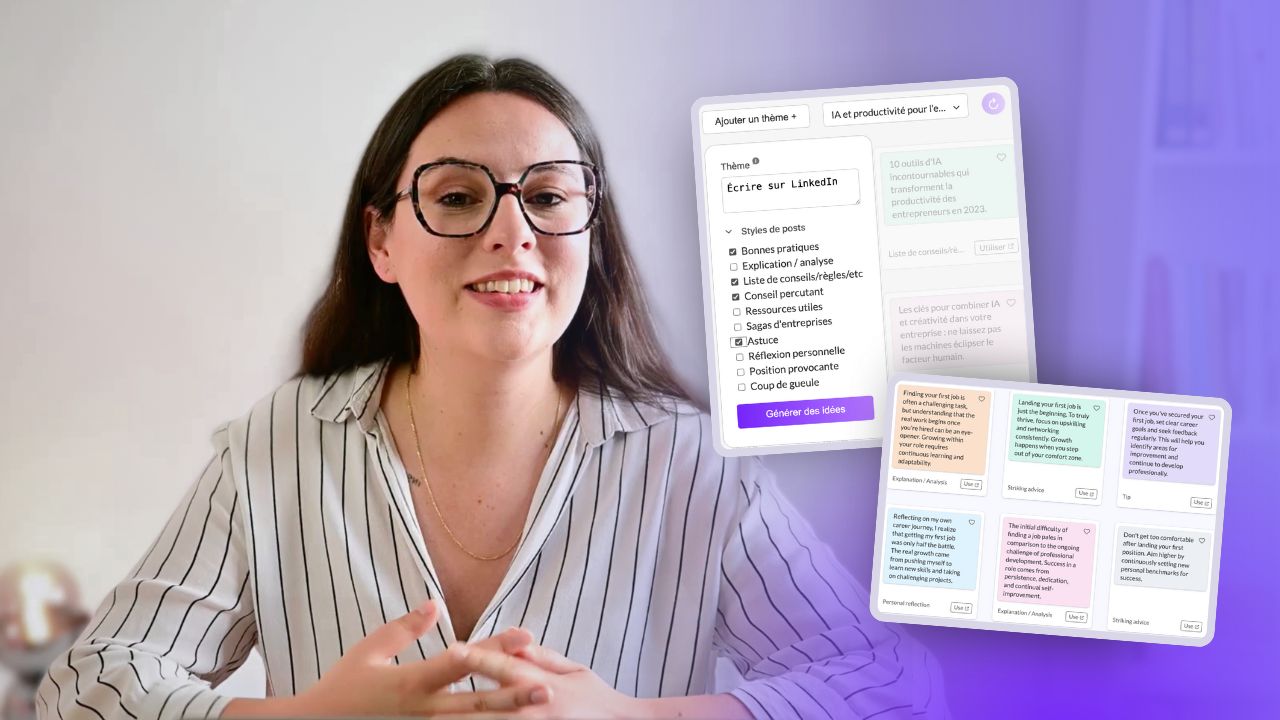 Diane devant le générateur d'idées : un thème saisi, la liste des styles de posts à cocher, et les idées produites à droite.