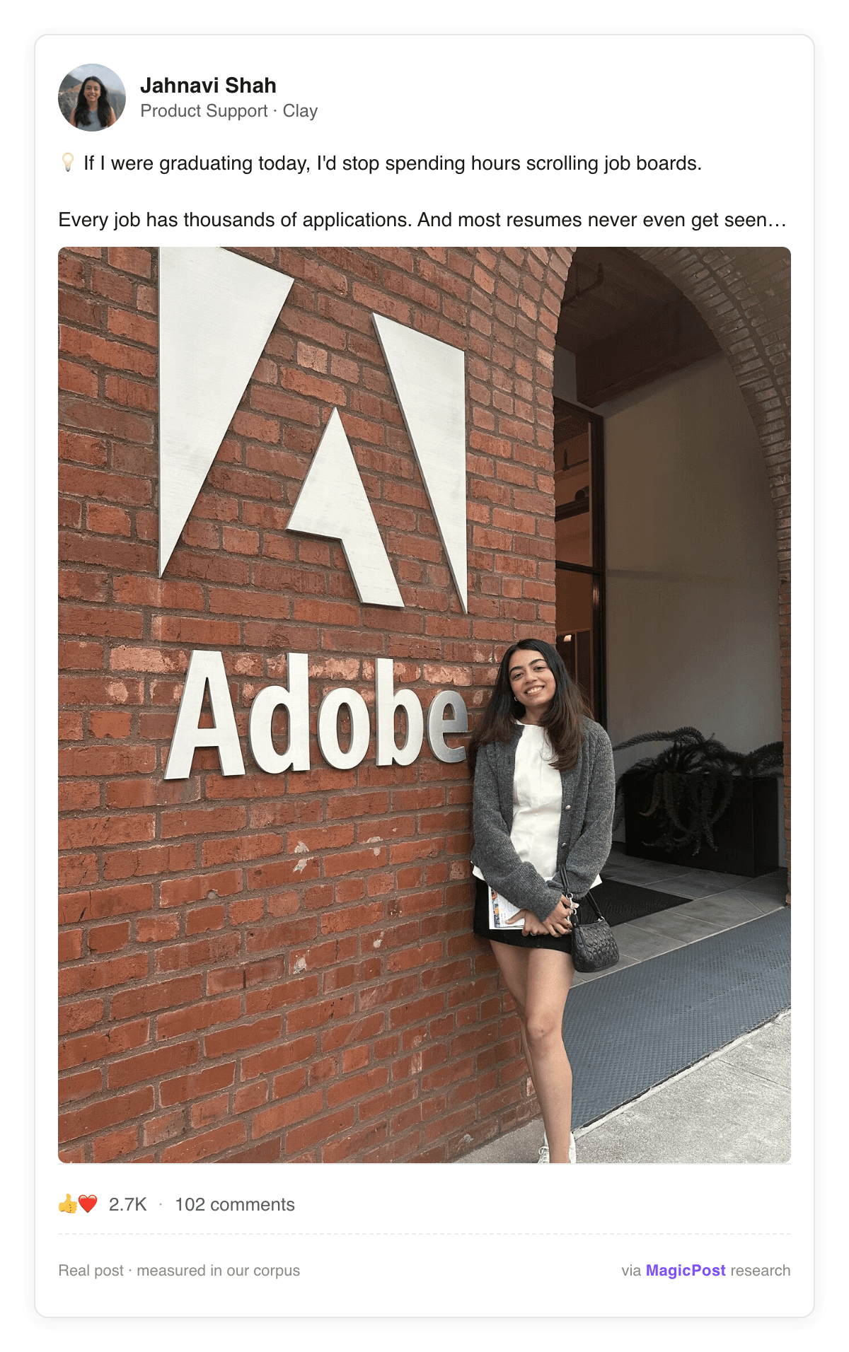 Jahnavi Shah, Clay, in a LinkedIn post on landing a job without job boards