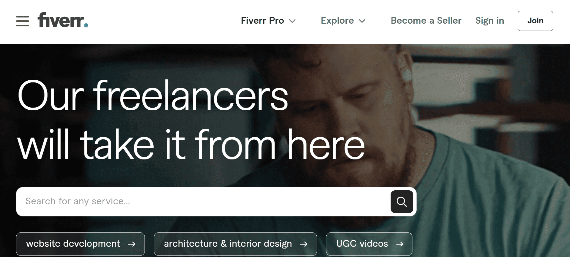Fiverr's landing page, with a search bar for users to search for freelancers