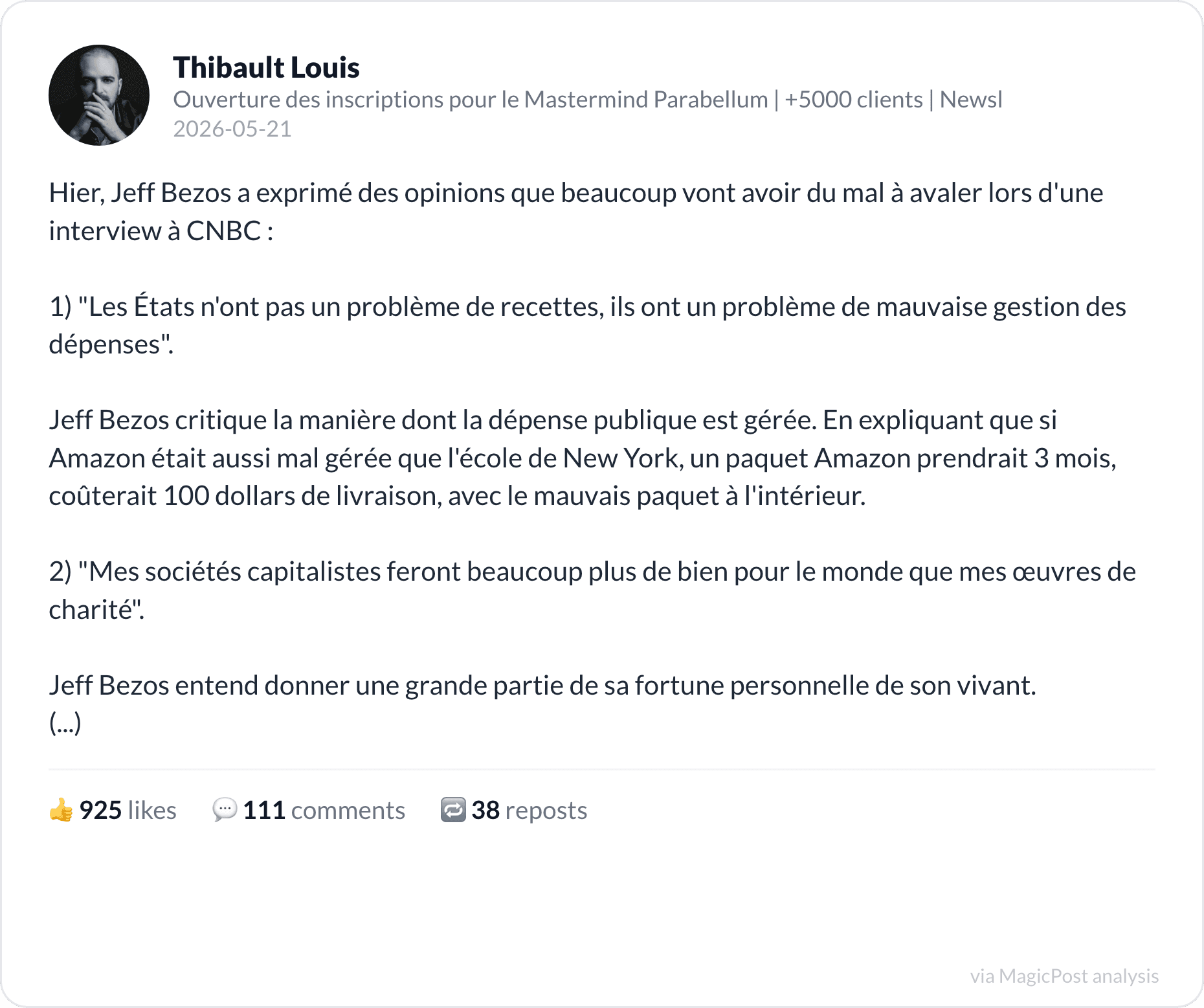 Thibault Louis's post on Jeff Bezos's CNBC interview