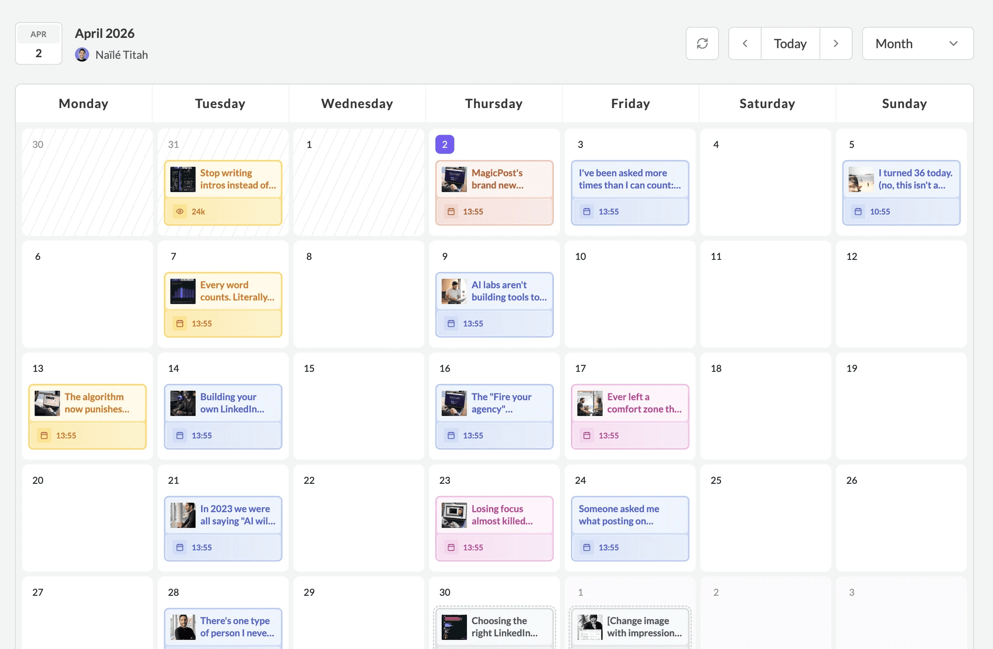 El calendario de programación de MagicPost, con todas las publicaciones del mes de abril