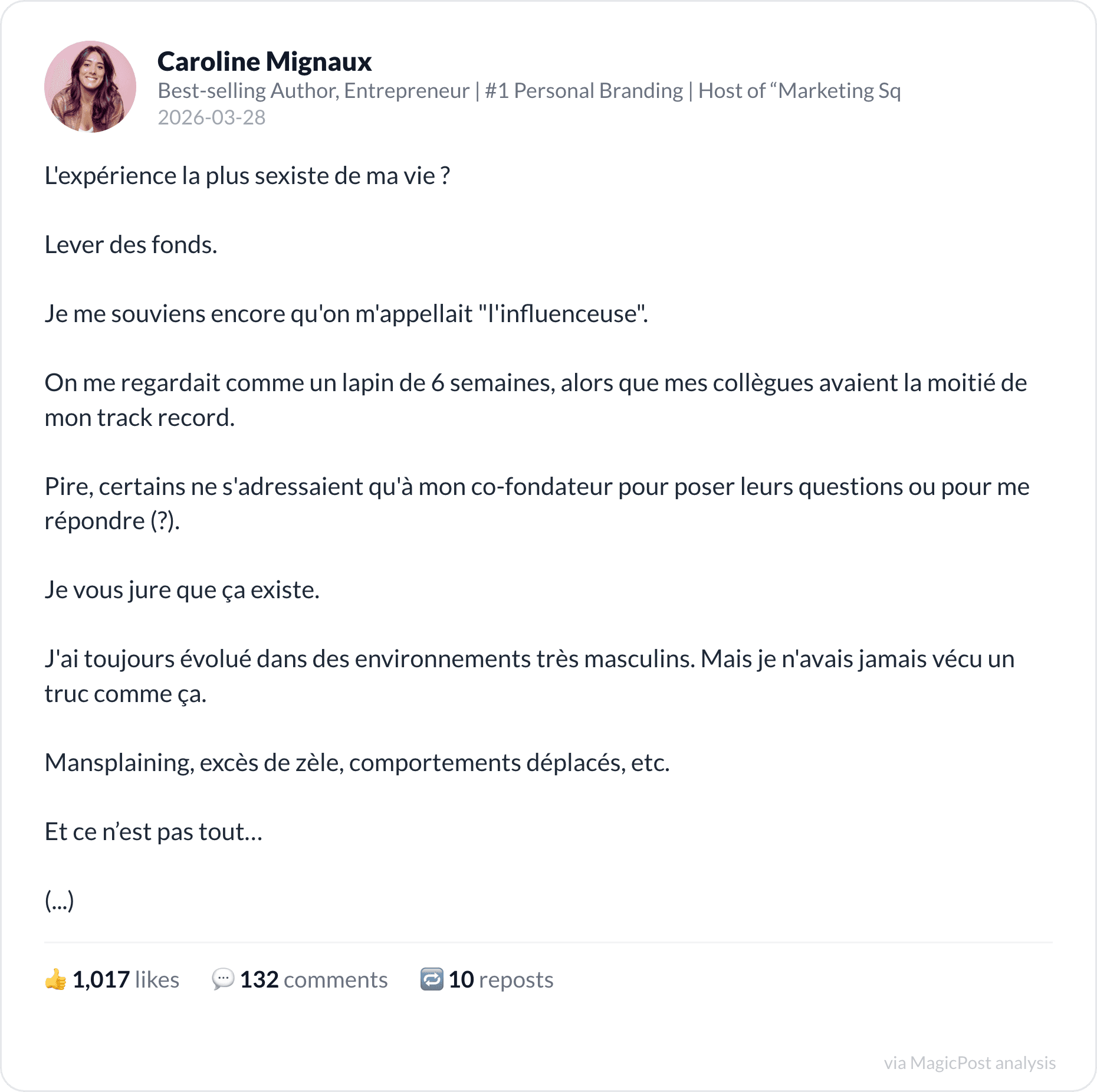 Caroline Mignaux on the sexism she faced raising funds
