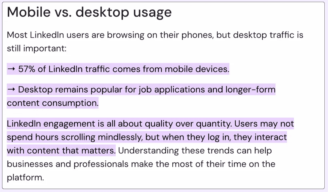 Statistics show that 57% of LinkedIn's traffic comes from mobile devices.