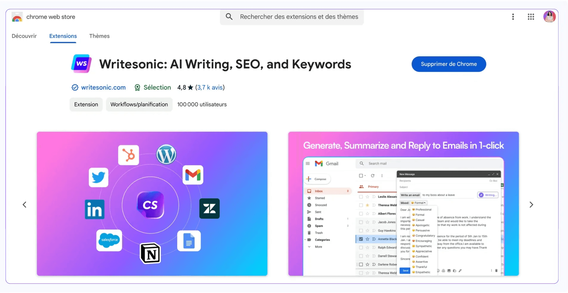 Página web de la extensión Writesonic para Google Chrome