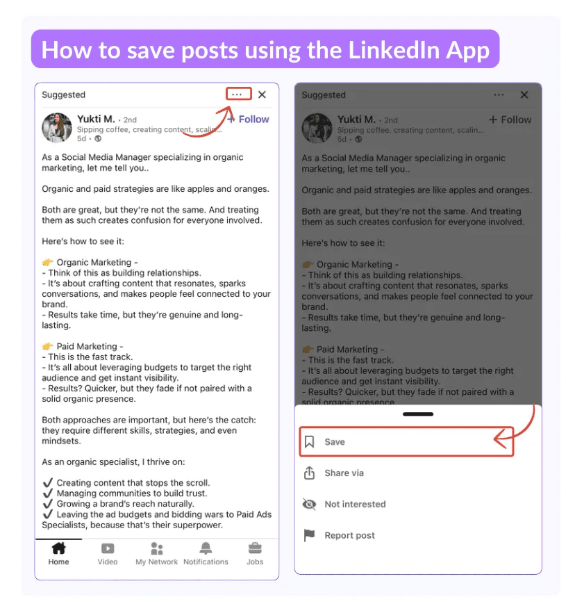 A screenshot step-by-step guide for saving LinkedIn posts using the LinkedIn mobile app