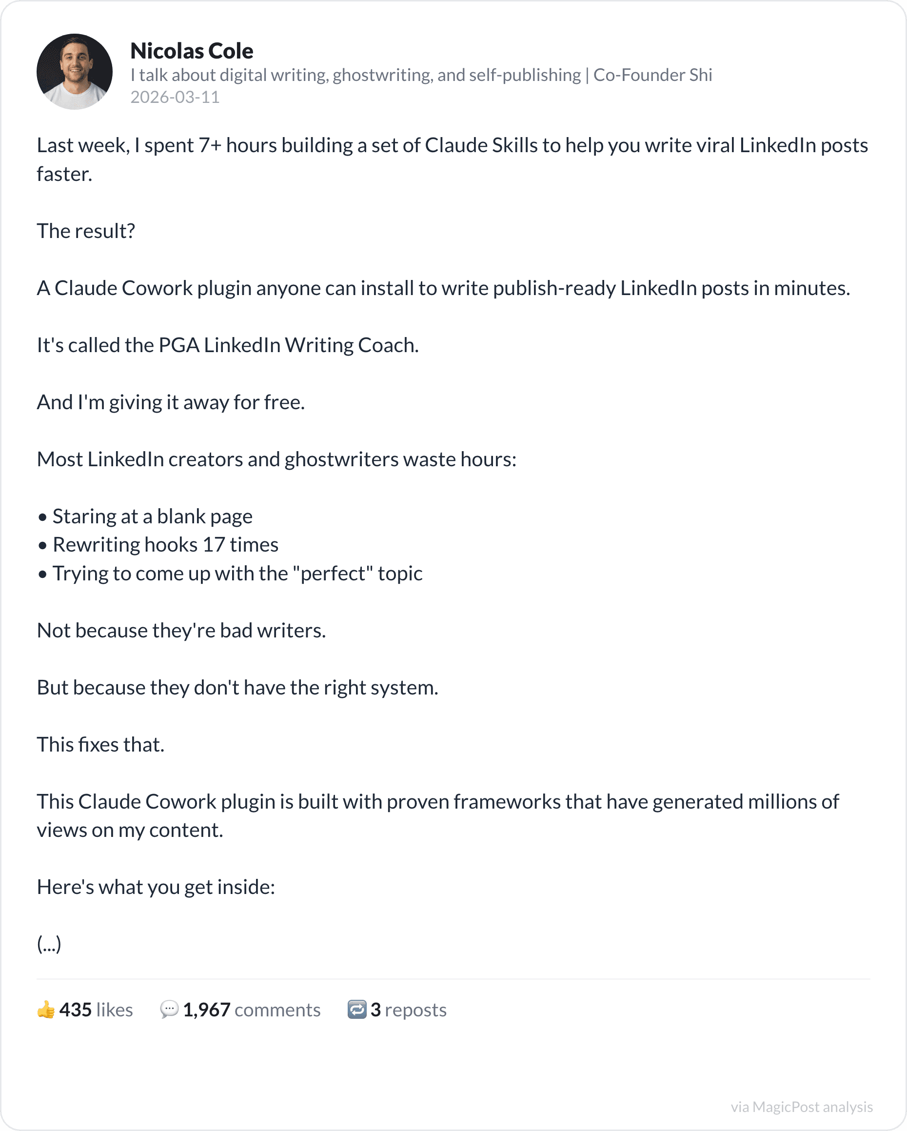 Nicolas Cole on a free LinkedIn writing coach plugin