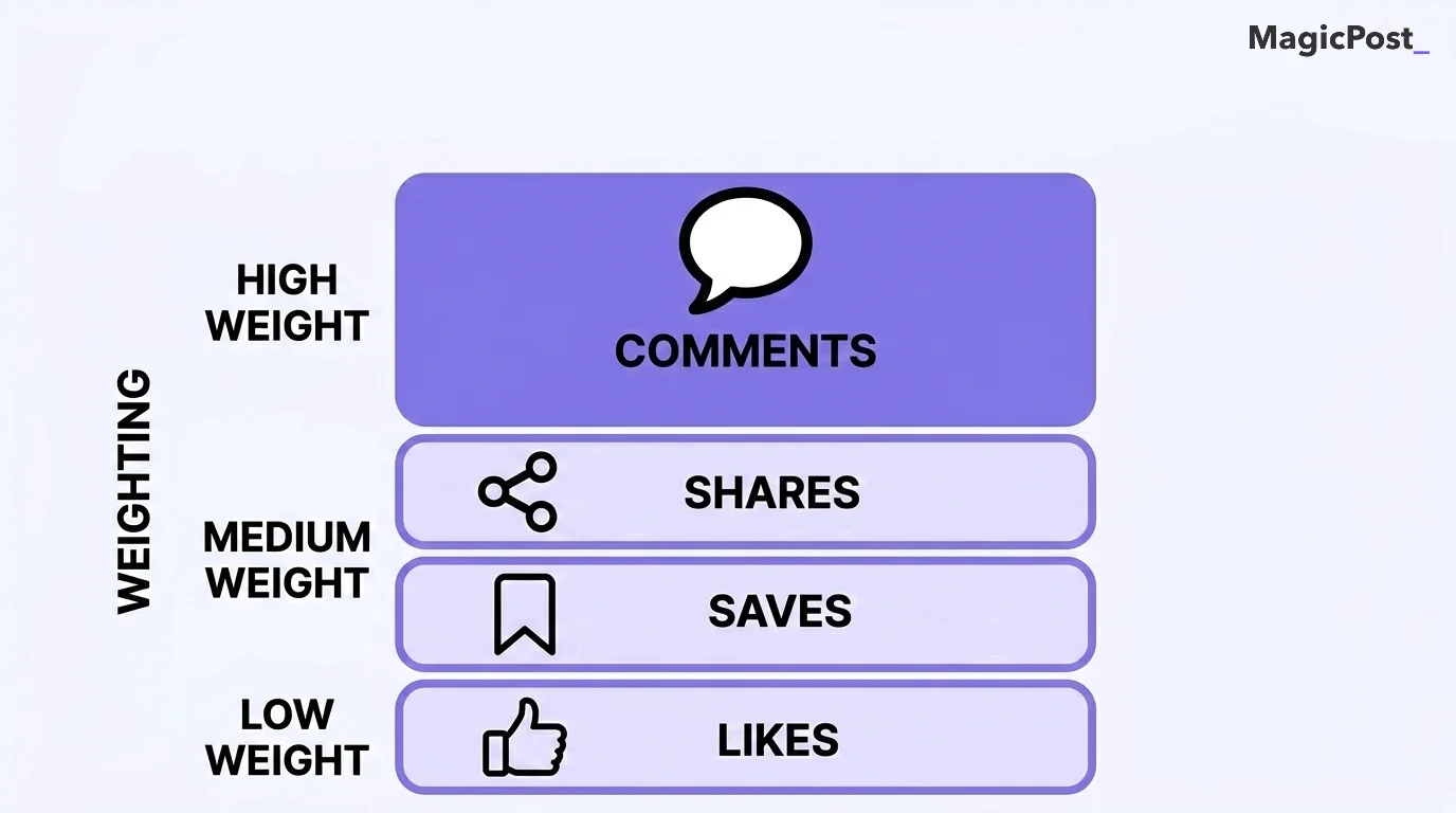 Infographic showing LinkedIn algorithm engagement weighting: comments as high weight, shares and saves as medium weight, and likes as low weight