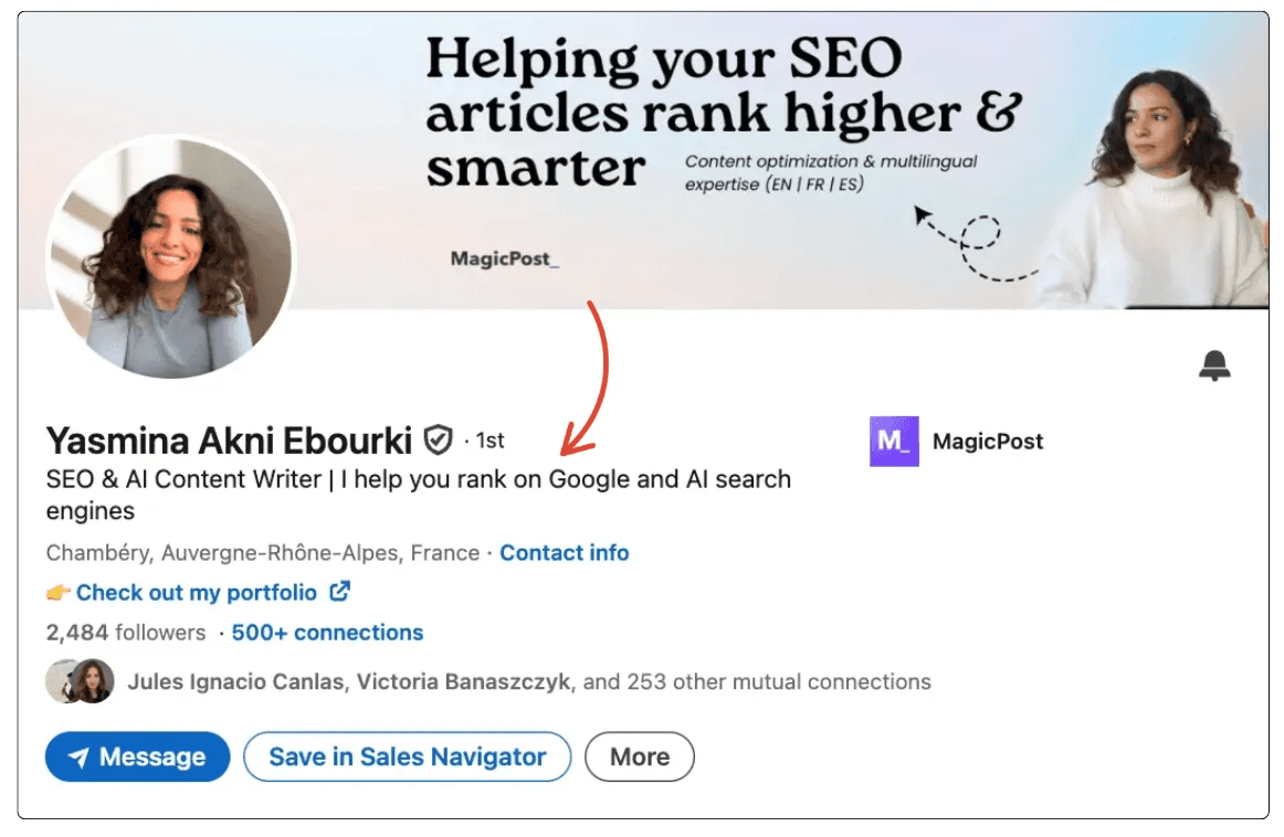 Example of an optimized profile for finding work on LinkedIn