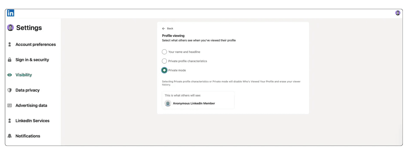Steps to set up anonymous mode on LinkedIn