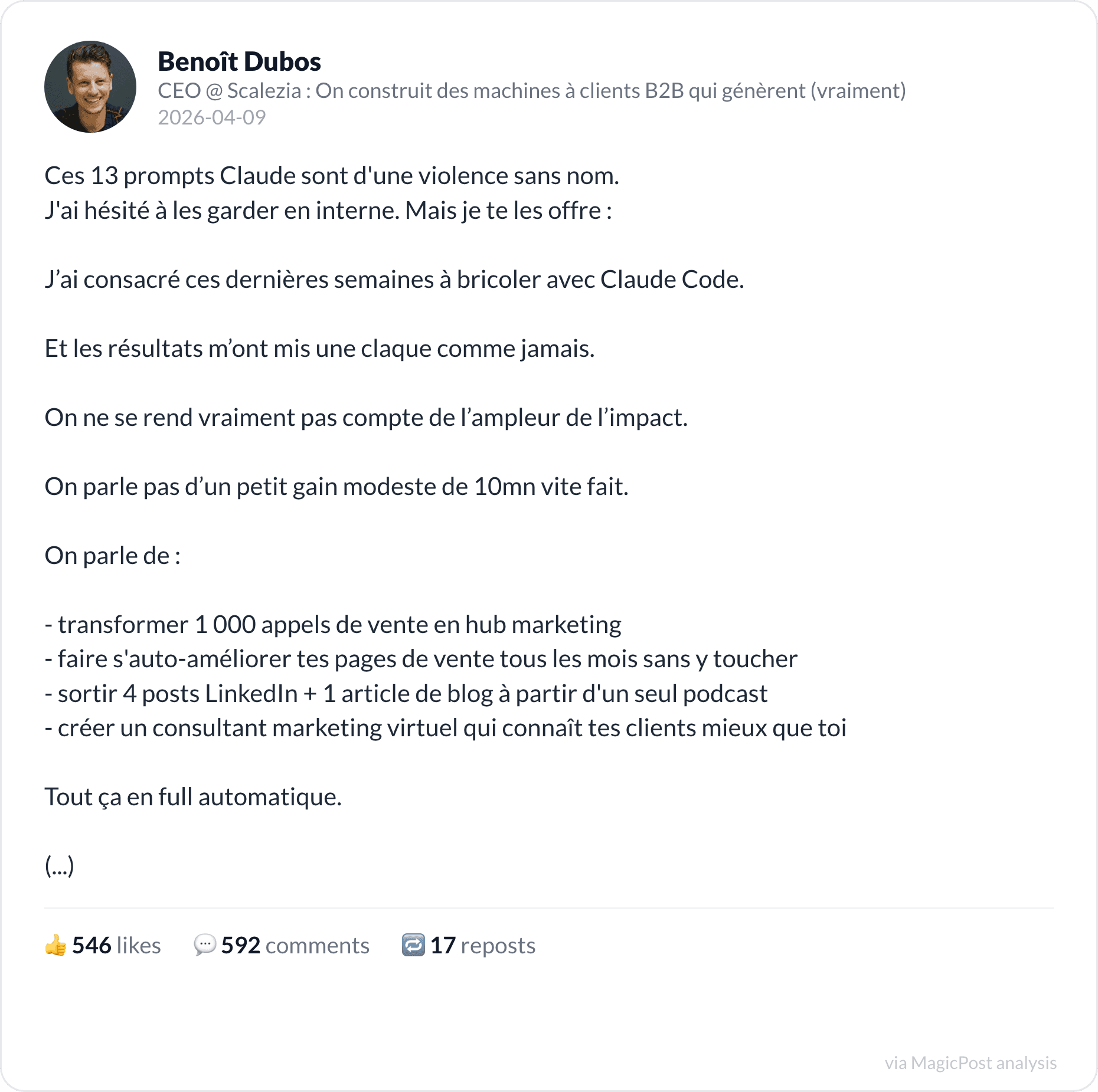 Benoît Dubos sharing 13 free Claude prompts