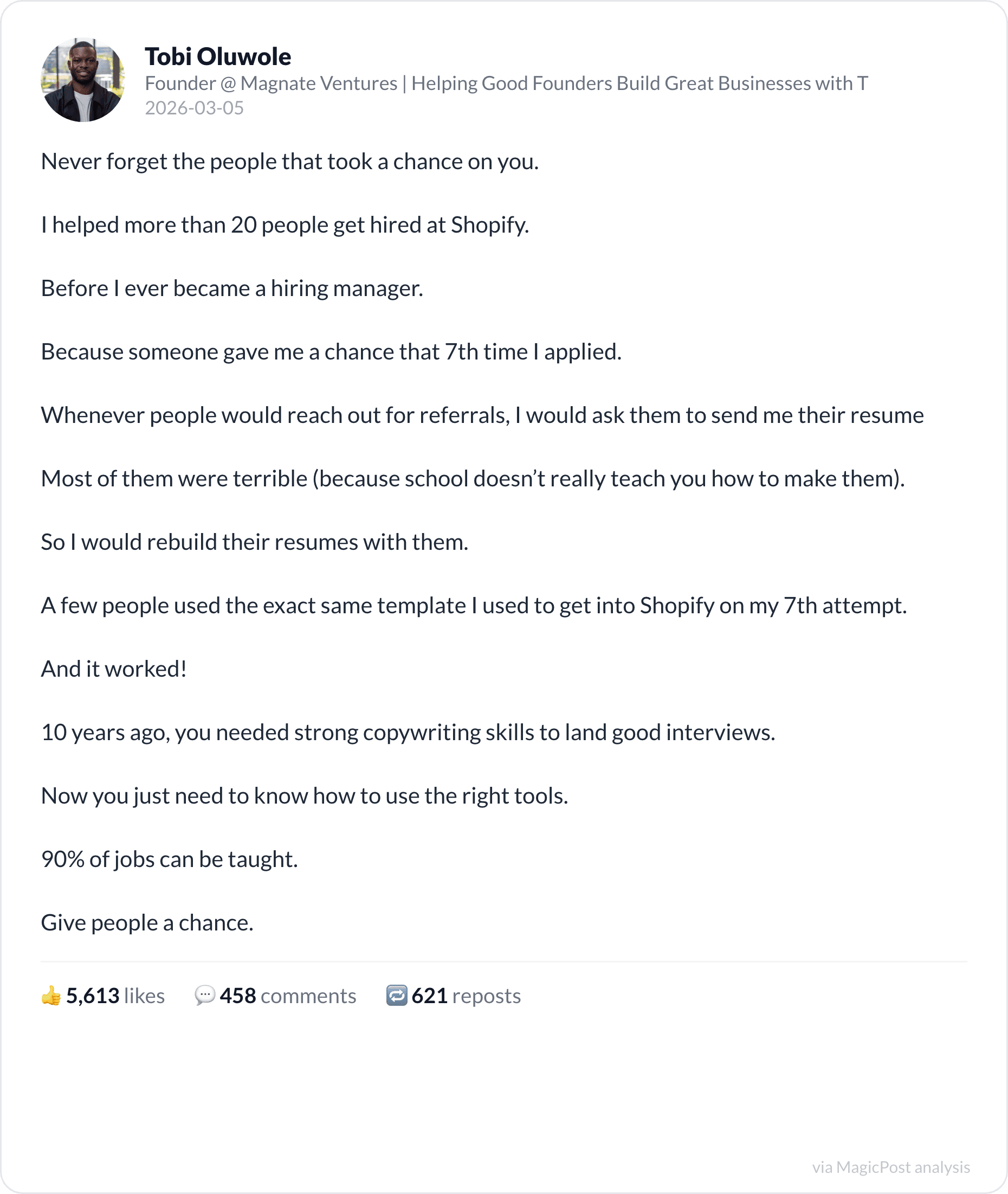 Tobi Oluwole on never forgetting who took a chance on you
