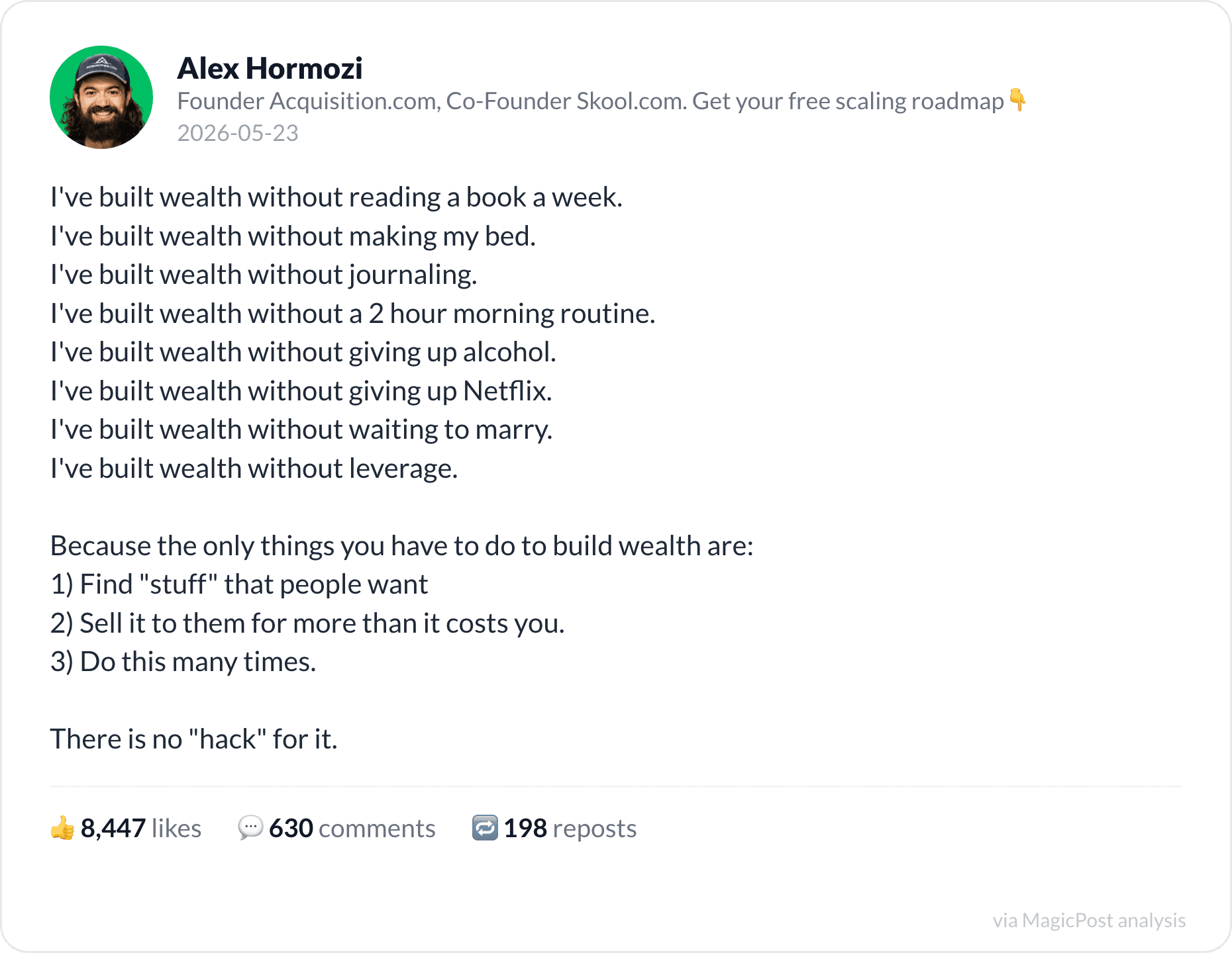 Alex Hormozi on what it actually takes to build wealth