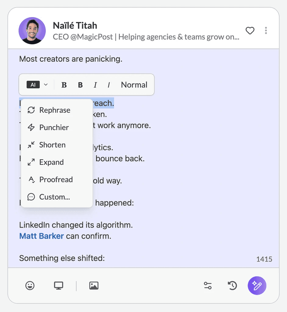 Captura de pantalla del generador de publicaciones para LinkedIn de MagicPost