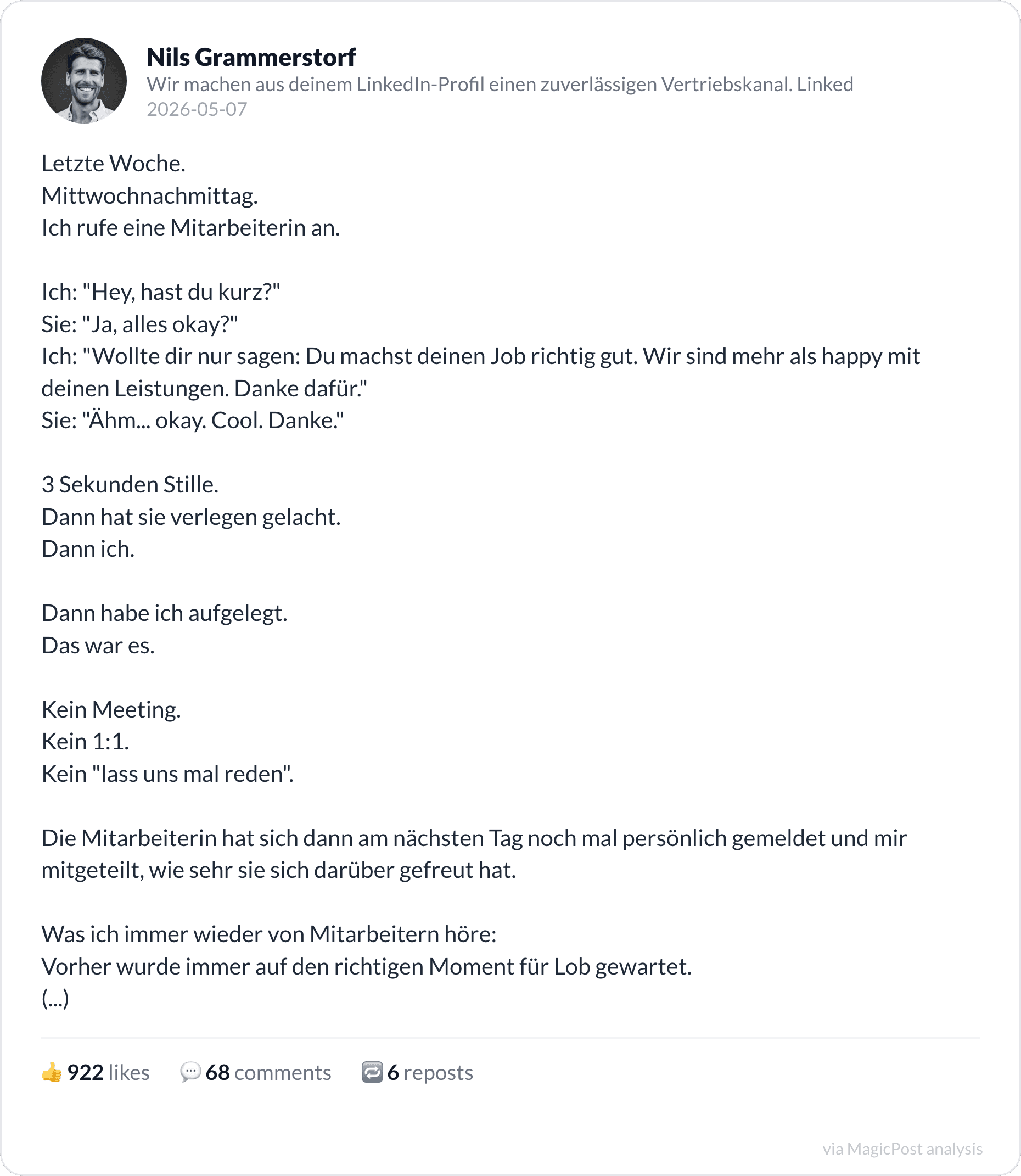 Nils Grammerstorf's 2026 post: an unexpected thank-you call to an employee
