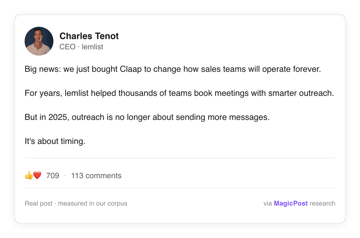 Charles Tenot, CEO de lemlist, en un post de LinkedIn anunciando la adquisición de Claap y la estrategia detrás de ella