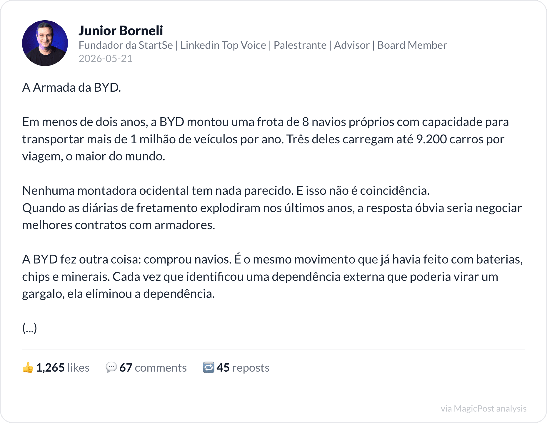 Junior Borneli on BYD's shipping fleet