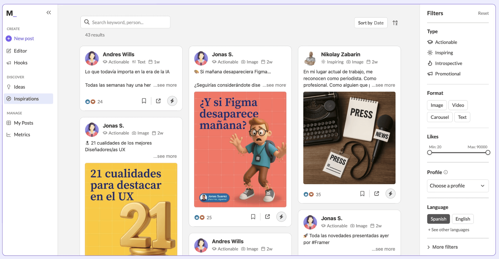 MagicPost's inspiration library, showing different posts the user can get inspiration from and use as a reference for their next AI-generated post