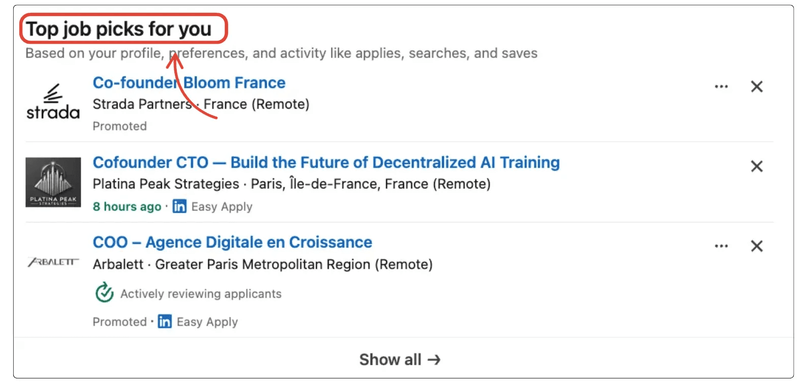 Example of options suggested by LinkedIn to find a job