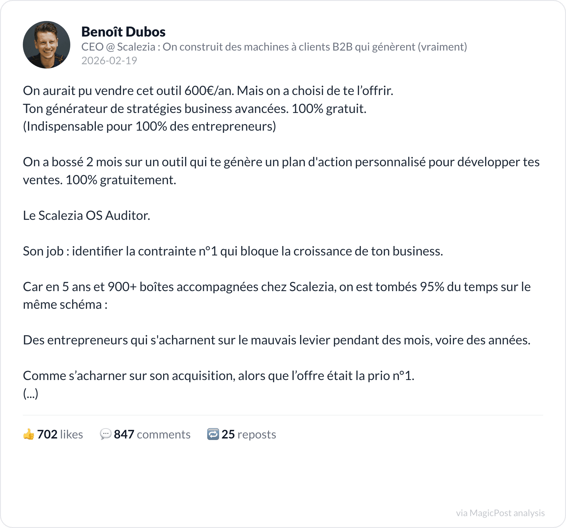 Benoît Dubos's top 2026 post: a free strategy generator