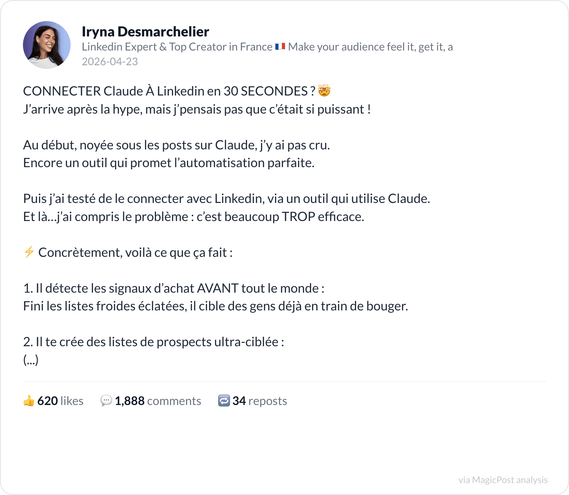 Iryna Desmarchelier on connecting an AI tool to LinkedIn for prospecting