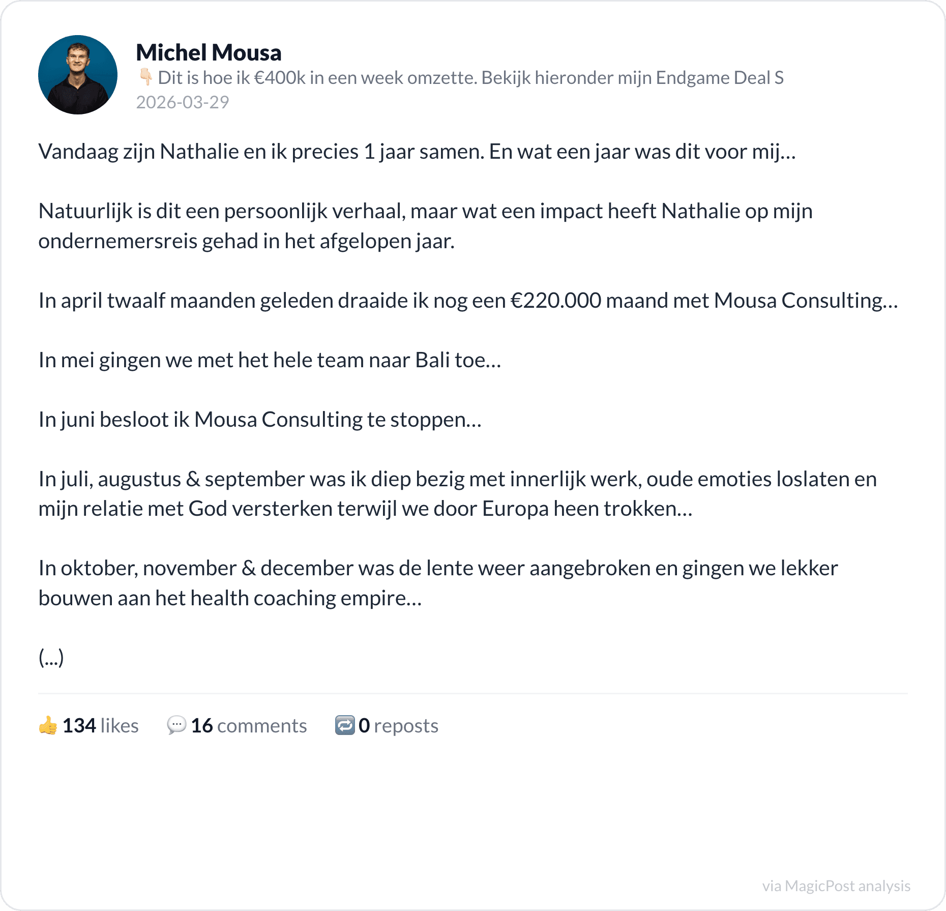 Michel Mousa's one-year anniversary post with Nathalie