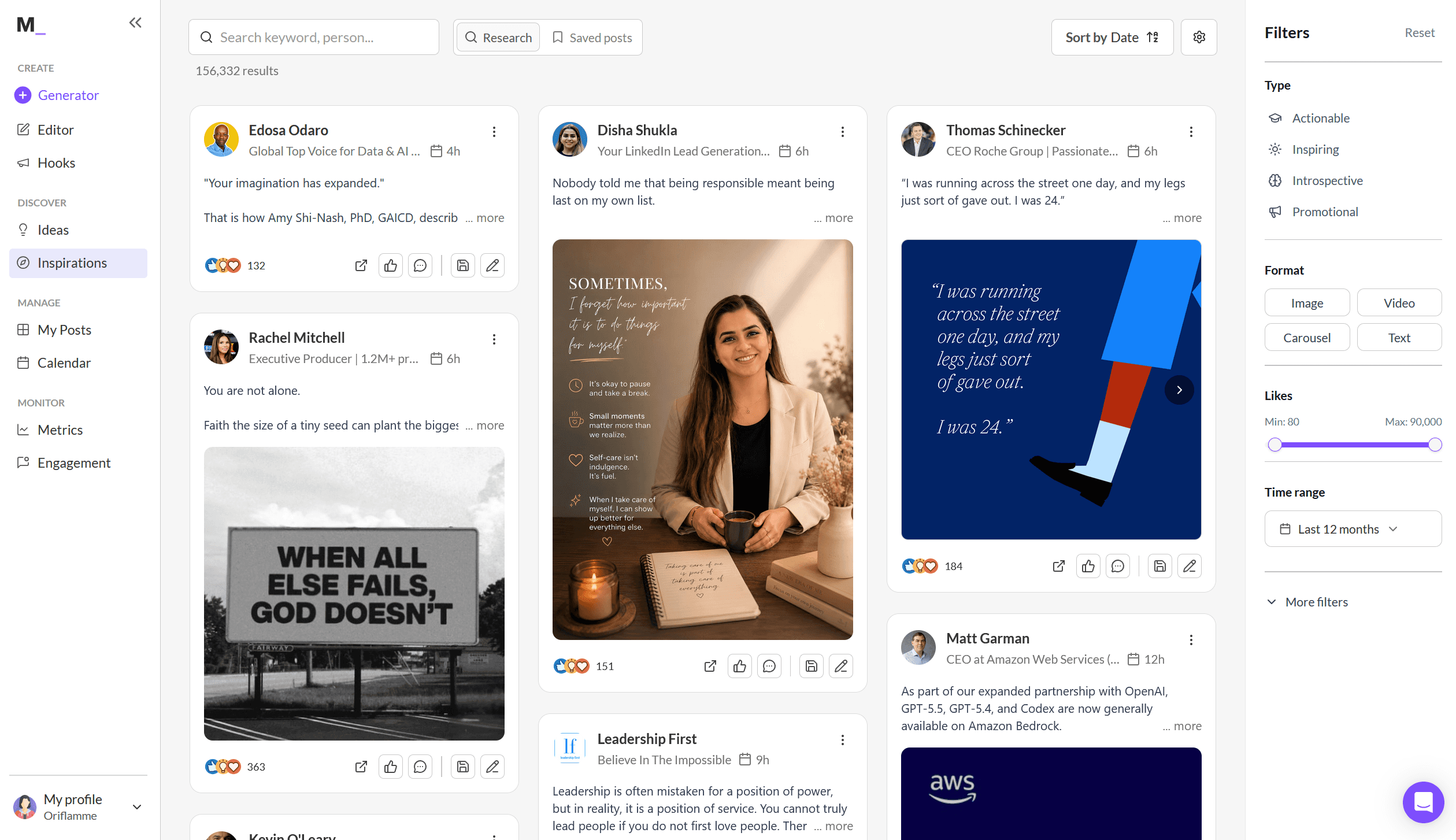 Captura de pantalla de la biblioteca de inspiración de MagicPost, que muestra publicaciones para que el usuario las use como referencia
