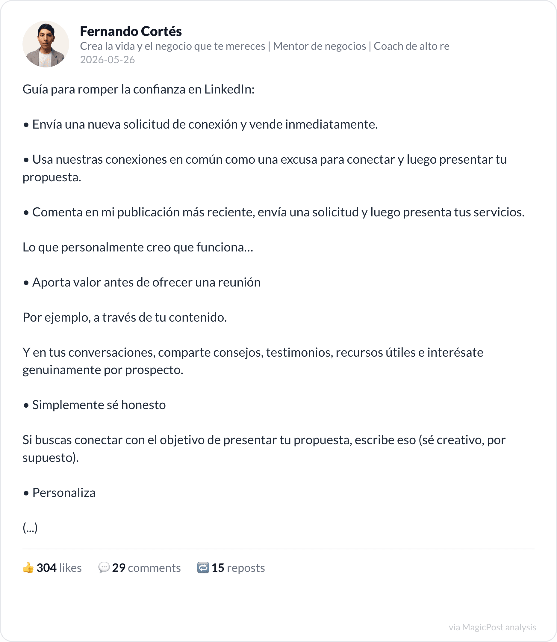 Fernando Cortes's top 2026 post: how to break trust on LinkedIn