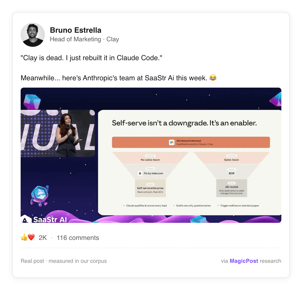 Bruno Estrella, Head of Marketing de Clay, en un post meme de LinkedIn respondiendo a la afirmación de que Clay se puede reconstruir en Claude Code