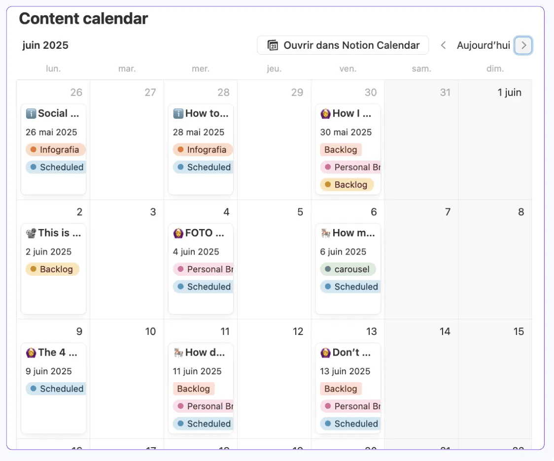 Example of creating a content calendar for personal branding on LinkedIn