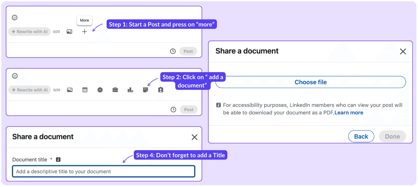 screenshots of how to add a document in linkedin through the main page and by clicking on the add document button