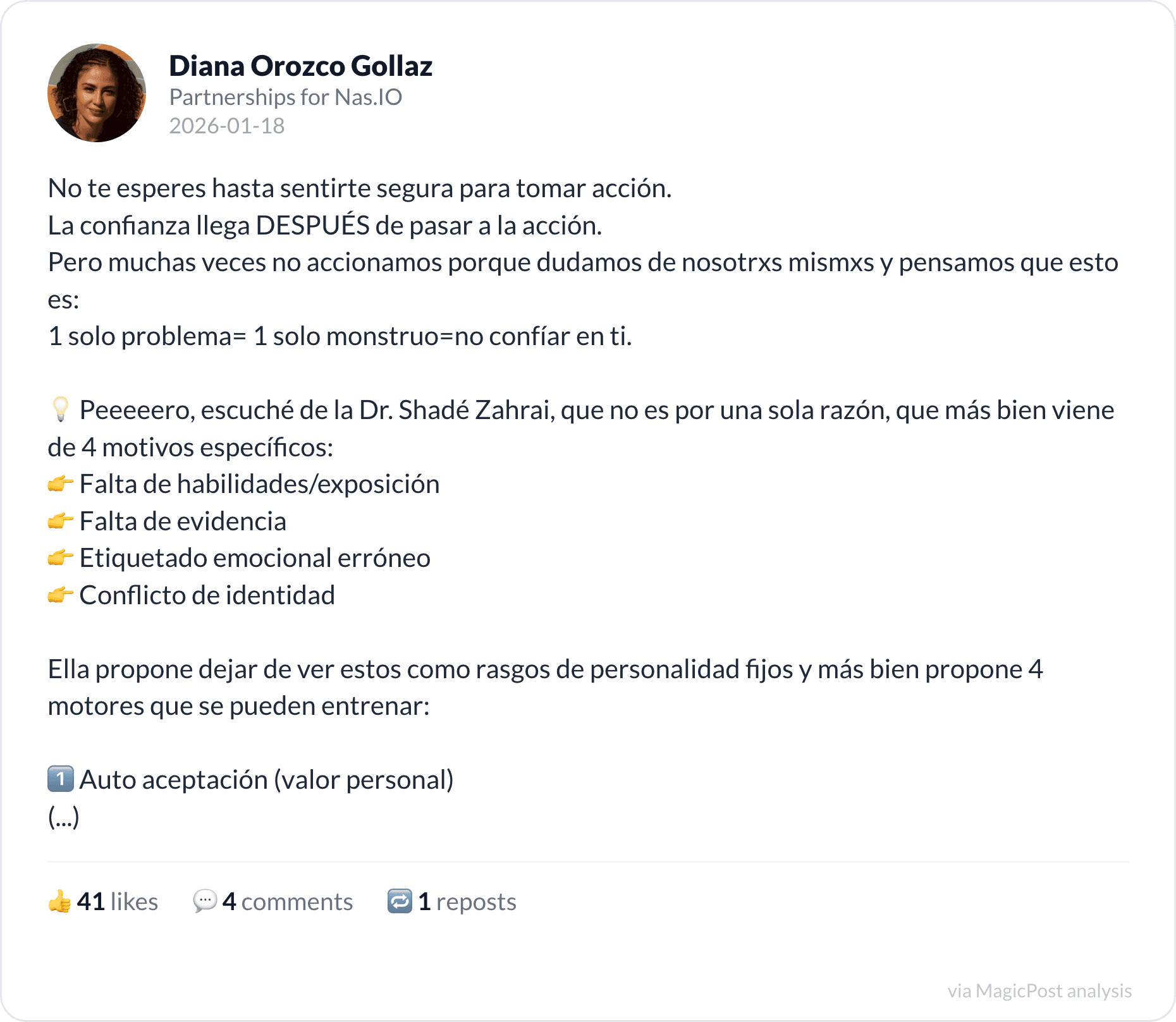 Diana Orozco Gollaz on confidence and the four engines behind self-doubt