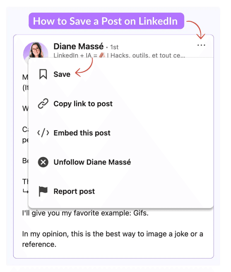 A screepshot step-by-step guide for saving a LinkedIn post on desktop
