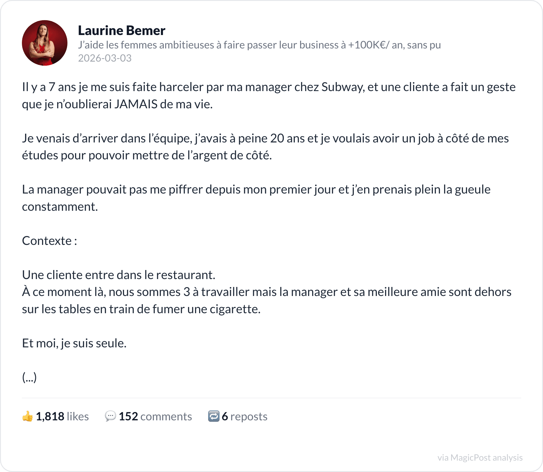 Laurine Bemer's top 2026 post: the Subway story