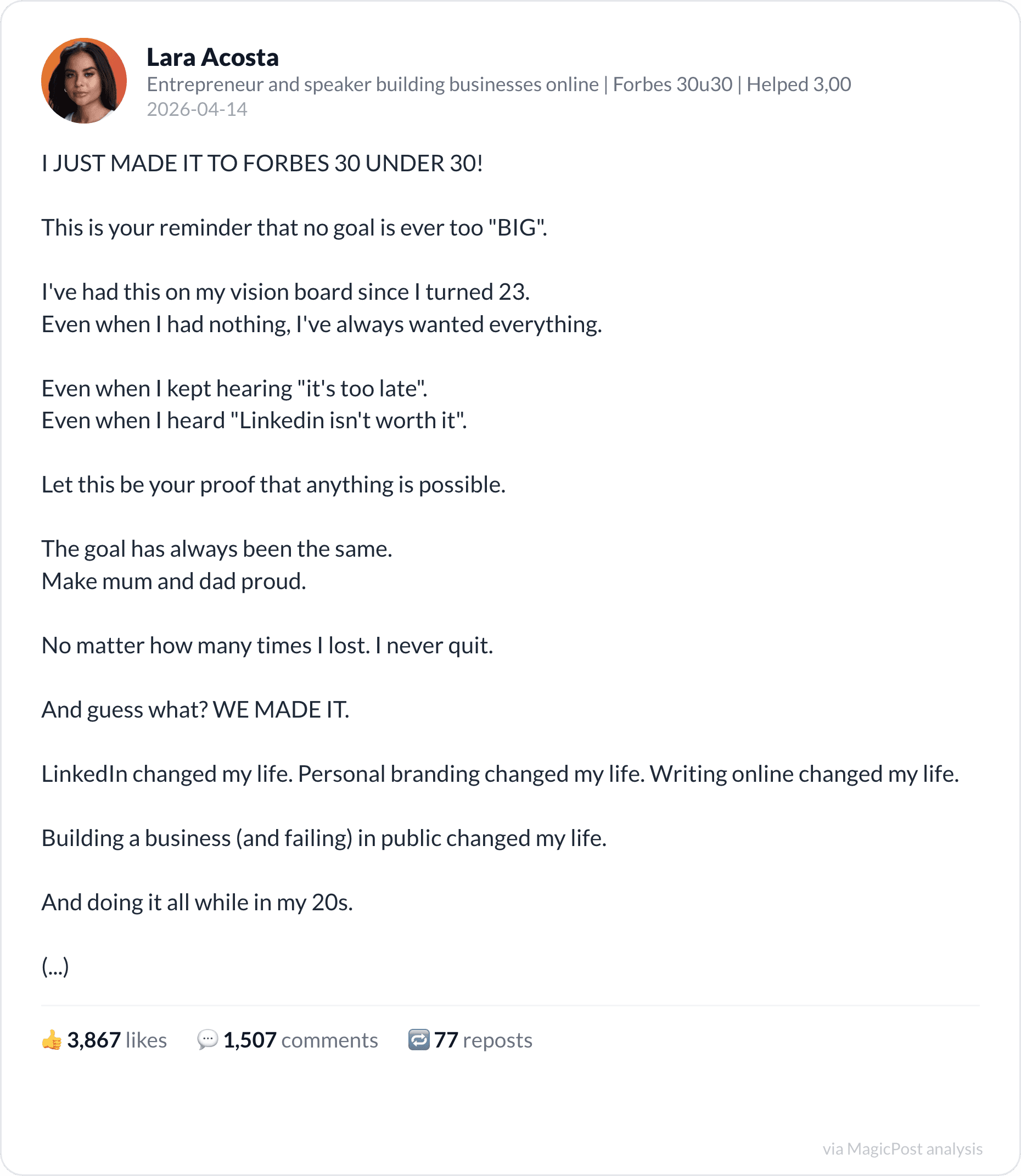 Lara Acosta announcing Forbes 30 Under 30