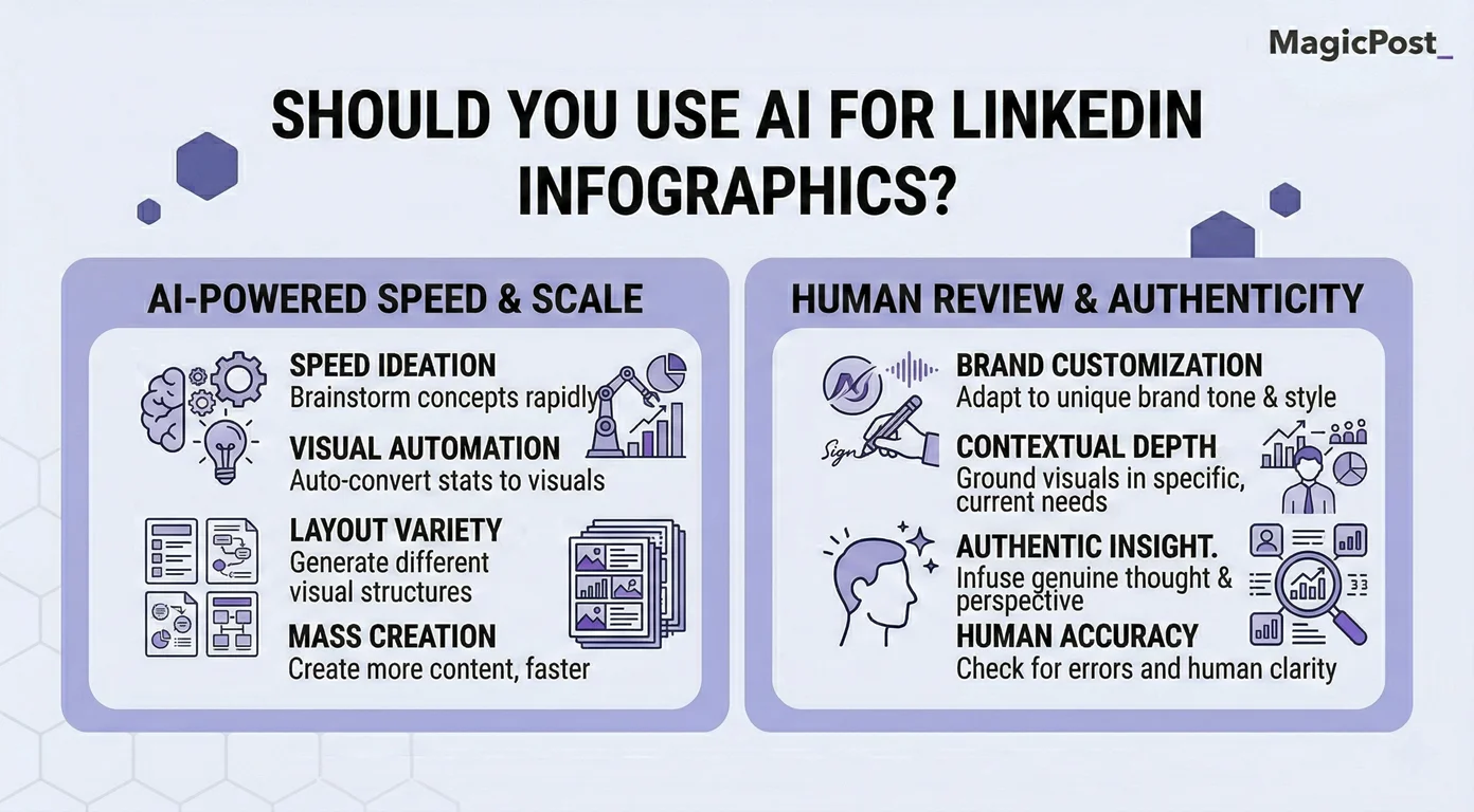 Infographic comparing AI-powered speed and scale versus human review and authenticity for creating LinkedIn infographics