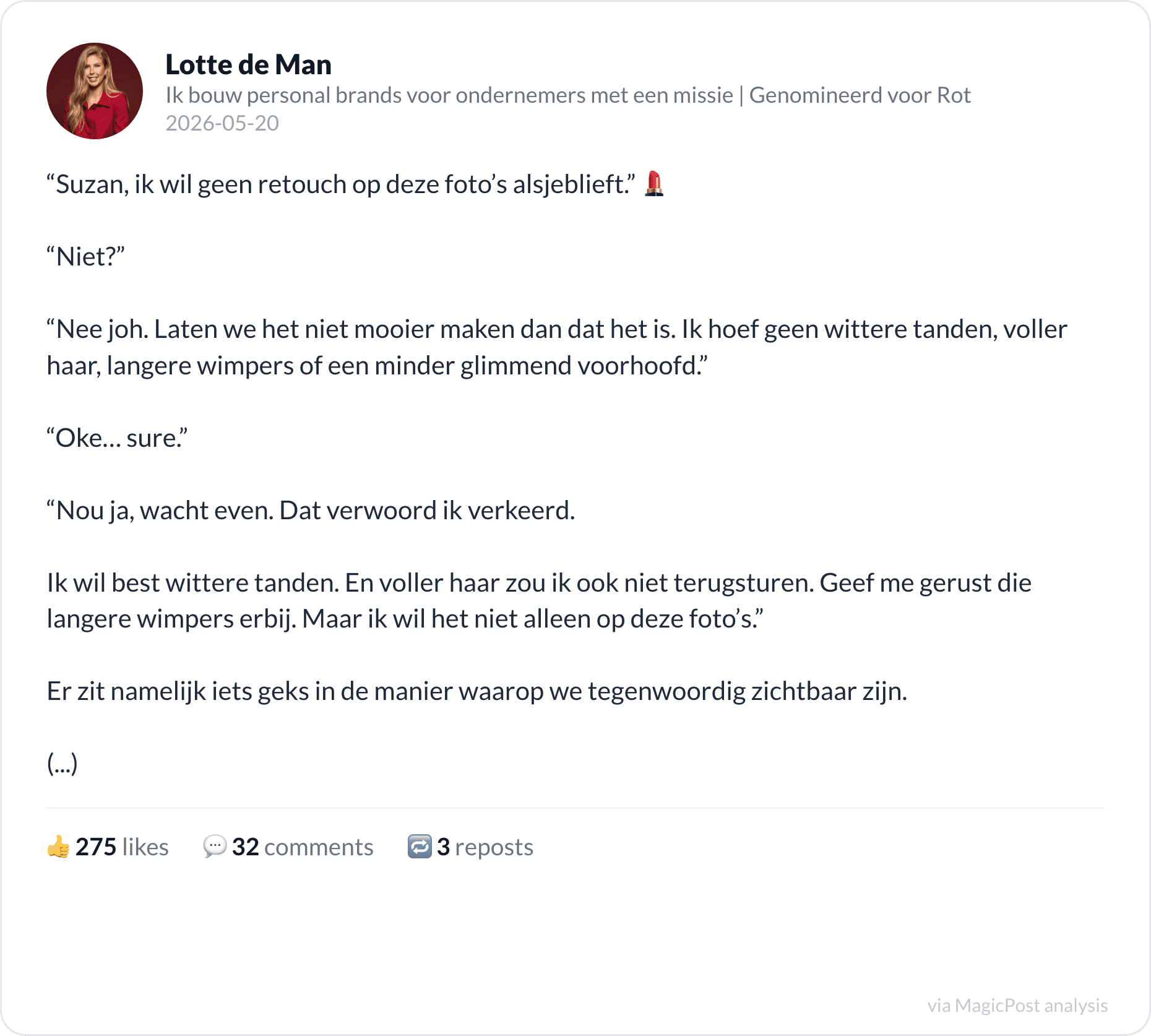 Lotte de Man's 2026 post on refusing retouching
