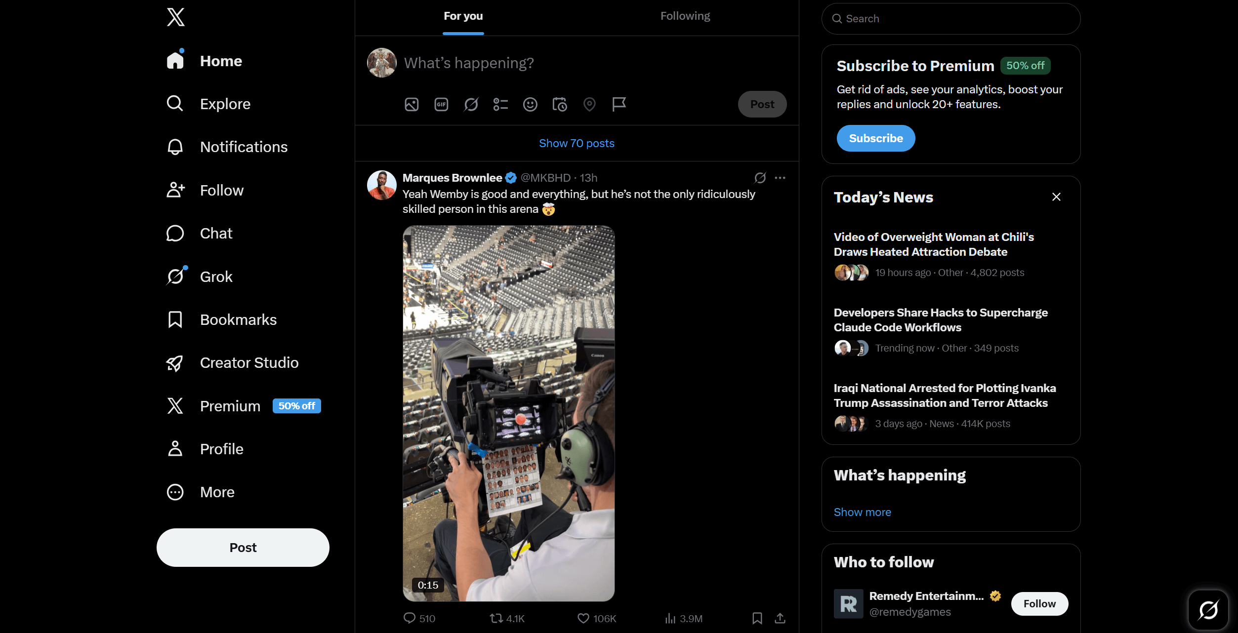 A screenshot of X's feed, with Marques Brownlee's tweets being recommended to the user