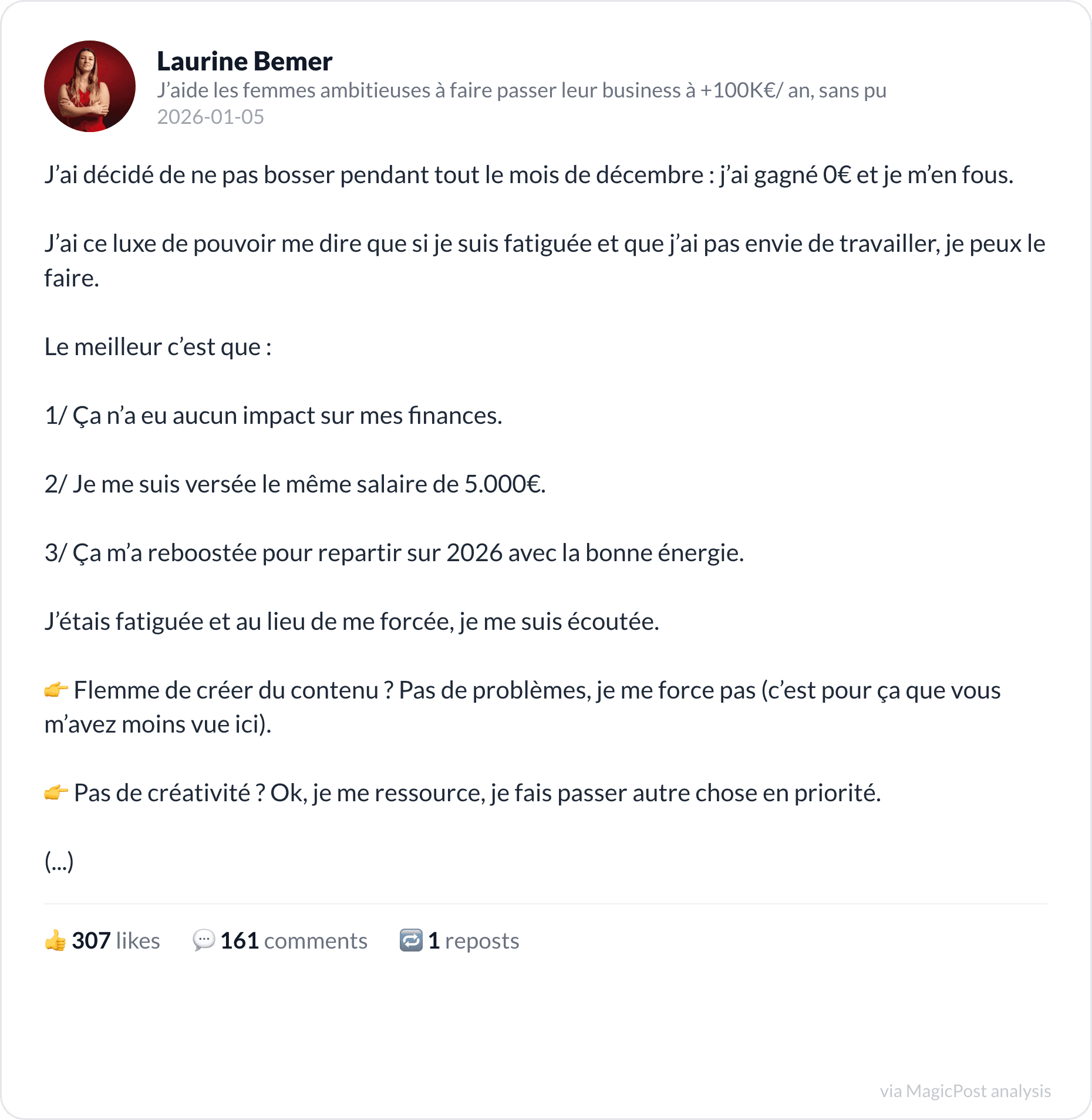 Laurine Bemer on taking December off