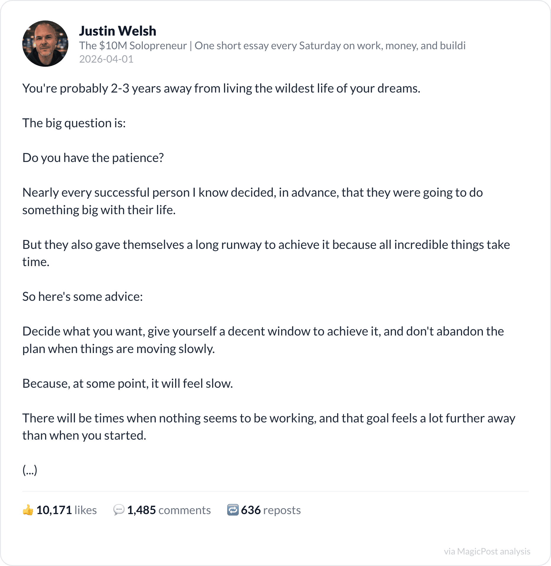 Justin Welsh's top 2026 post: patience and the wildest life of your dreams