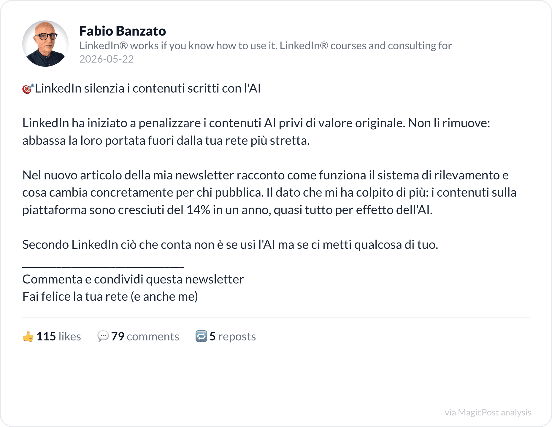 Fabio Banzato on LinkedIn silencing AI content