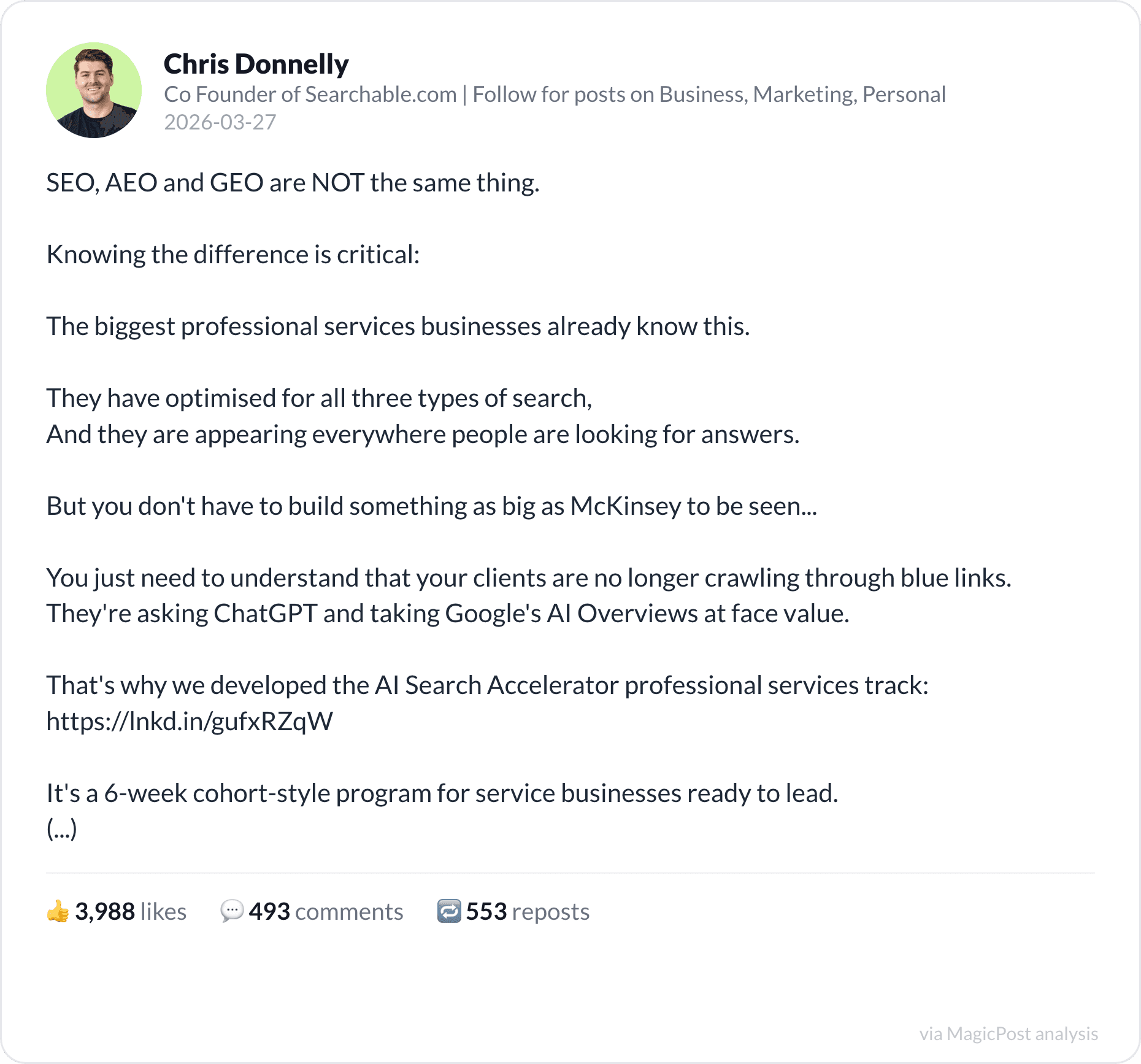 Chris Donnelly's top 2026 post on SEO, AEO and GEO
