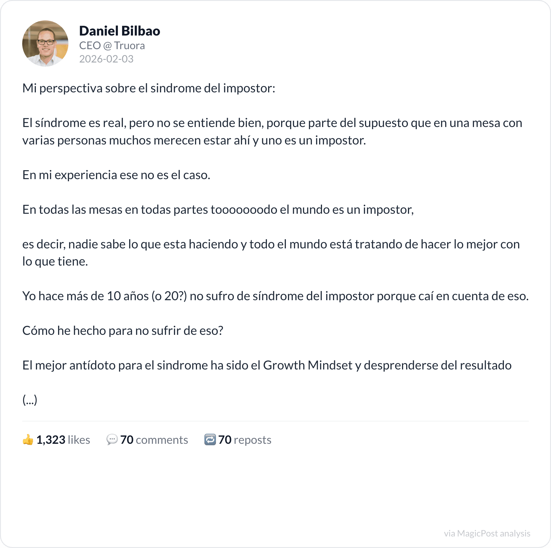 Daniel Bilbao's top 2026 post: impostor syndrome