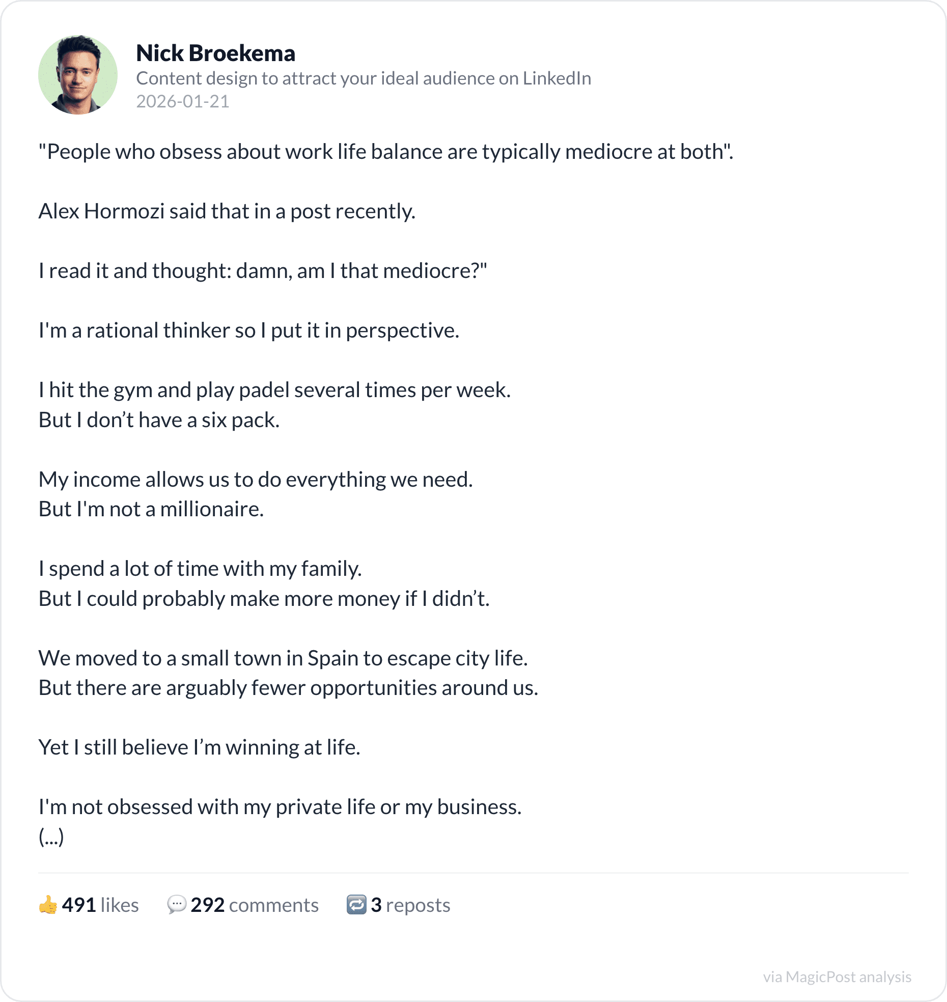 Nick Broekema's post reacting to Alex Hormozi on work-life balance